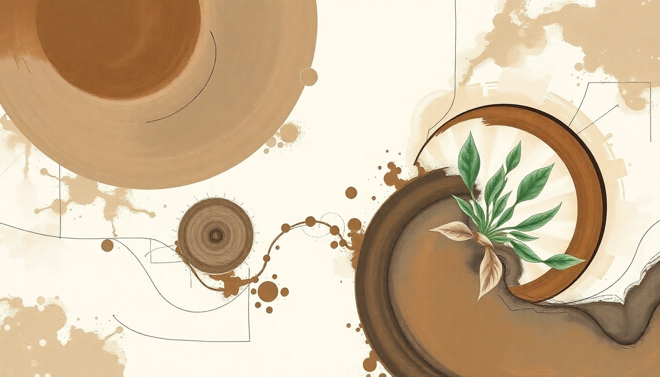 An abstract, highly structured painting in soft earth tones depicting the complex chemical and physical processes involved in concrete production, using geometric shapes, concentric circles, and botanical spirals to convey the intricate scientific nature of this construction material.