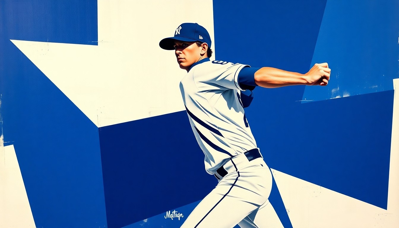 A cubist, geometric illustration depicting a baseball pitcher's motion broken down into overlapping planes of navy blue, royal blue, and white, capturing the raw energy and power of the sport.