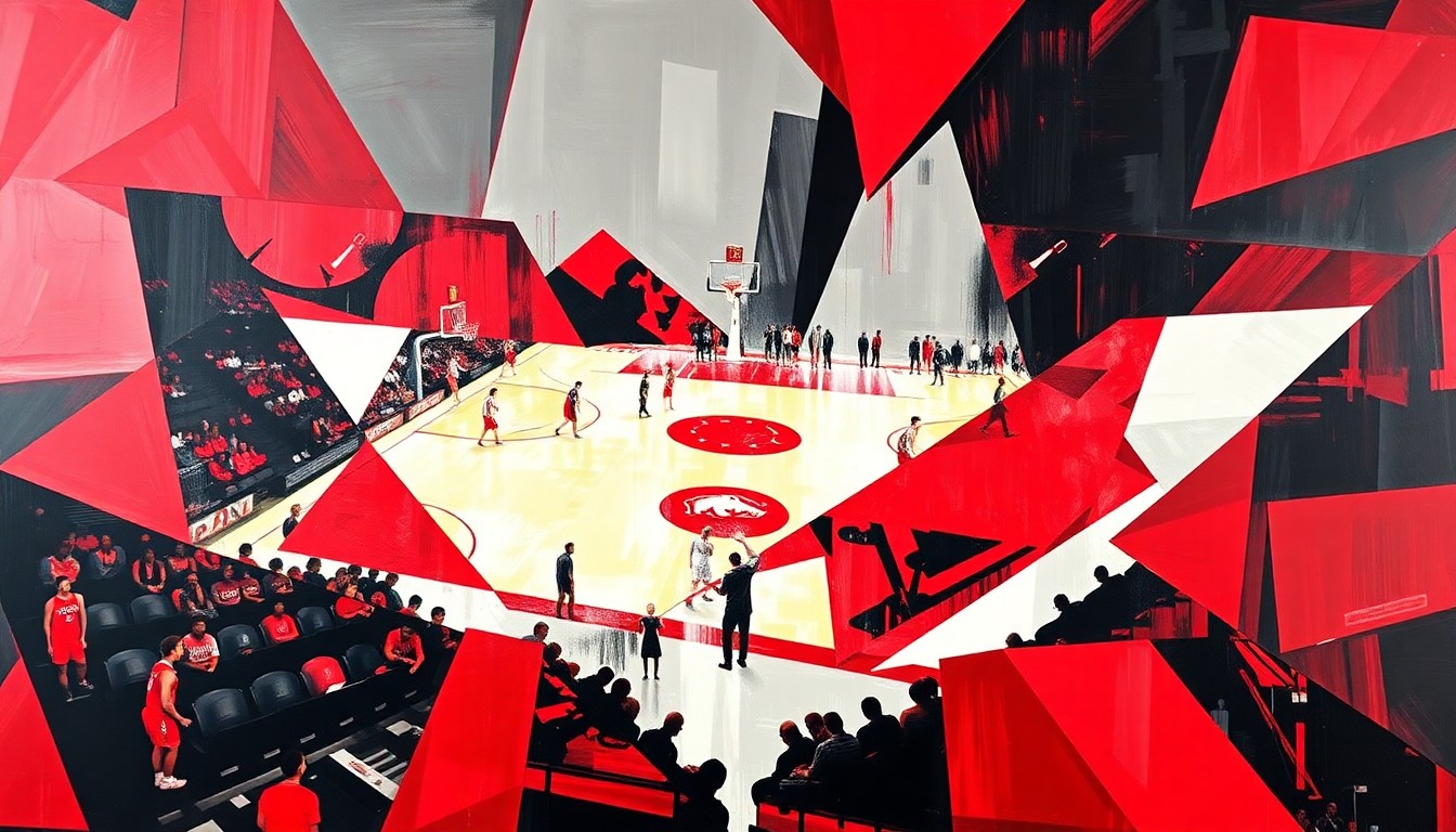 A fragmented, geometric painting in bold shades of red, white, and black, capturing the intensity and complexity of a college basketball game through Picasso's distinctive cubist style.
