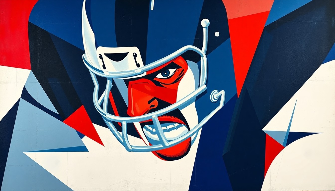 A fragmented, geometric painting depicting an offensive lineman's movements and impact on the game, with sharp planes of navy blue, red, and white.