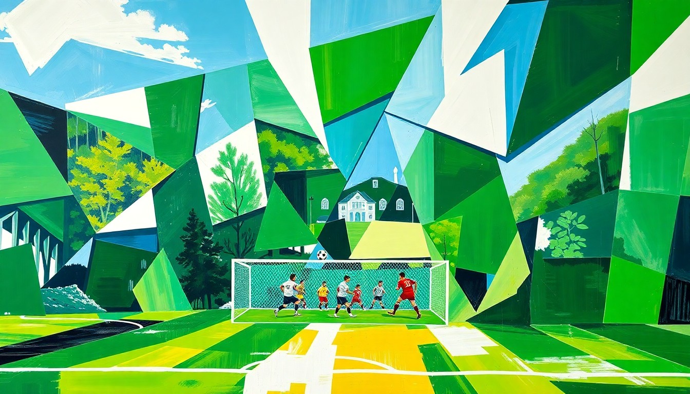 A fragmented, geometric painting in bold colors depicting the dynamic movements and energy of a high school soccer game.