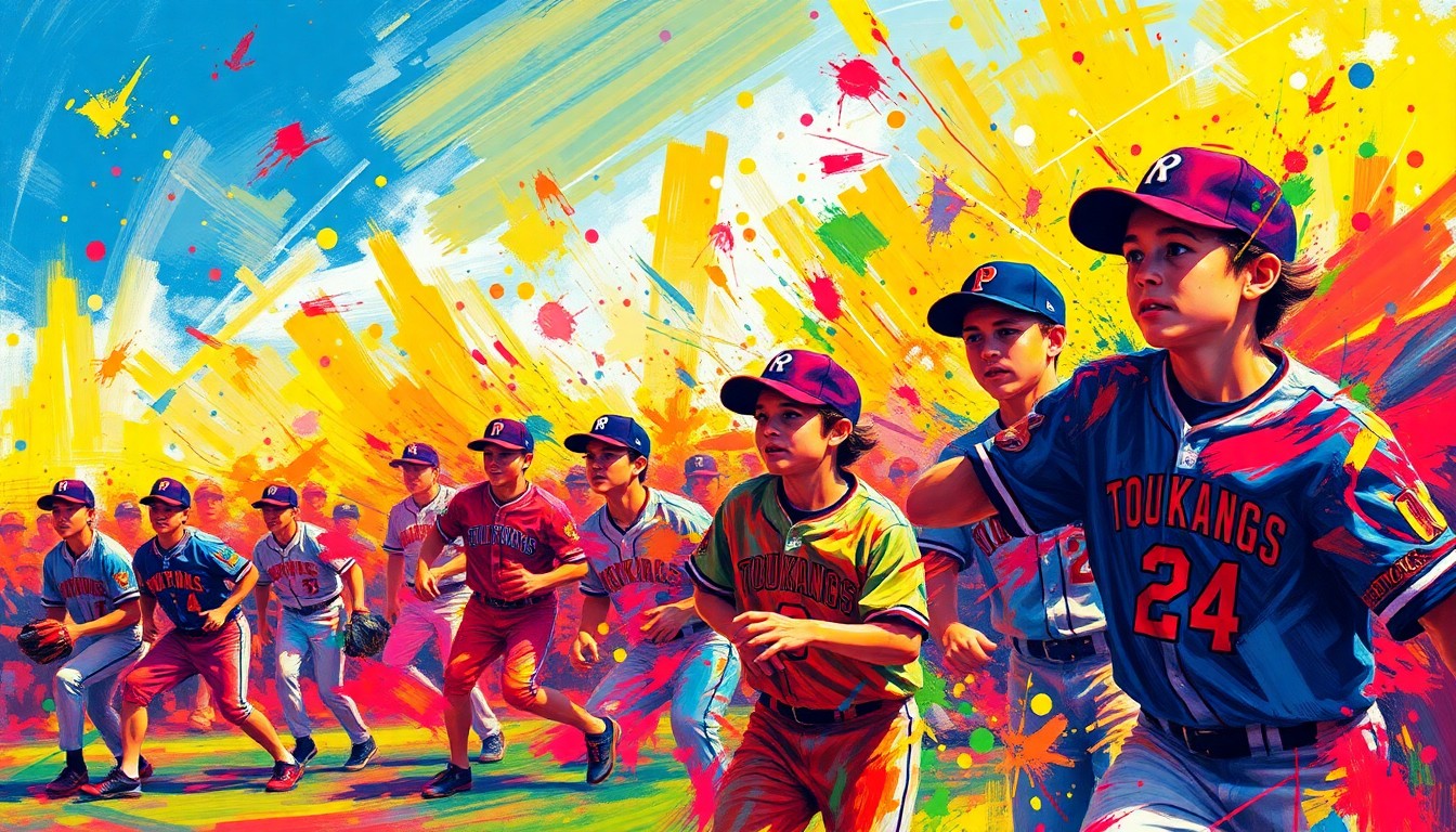 An abstract expressionist painting in vibrant neon colors, featuring blurred and fragmented figures engaged in a high-energy baseball game, conveying the raw emotion and intensity of the local sports rivalry.
