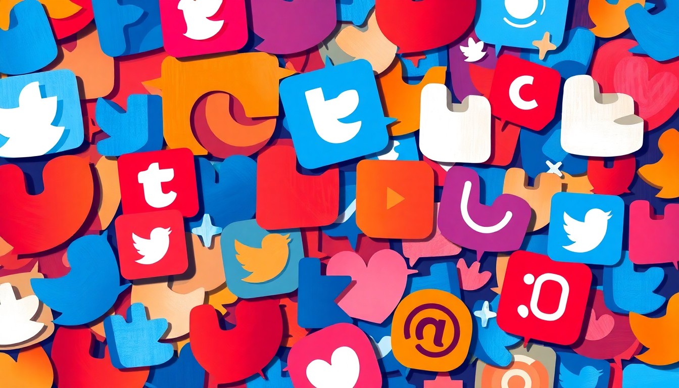 An abstract, fragmented painting of a social media icon or symbol, rendered in bold, overlapping geometric shapes and vibrant primary colors, conveying the chaotic and addictive nature of social media platforms.