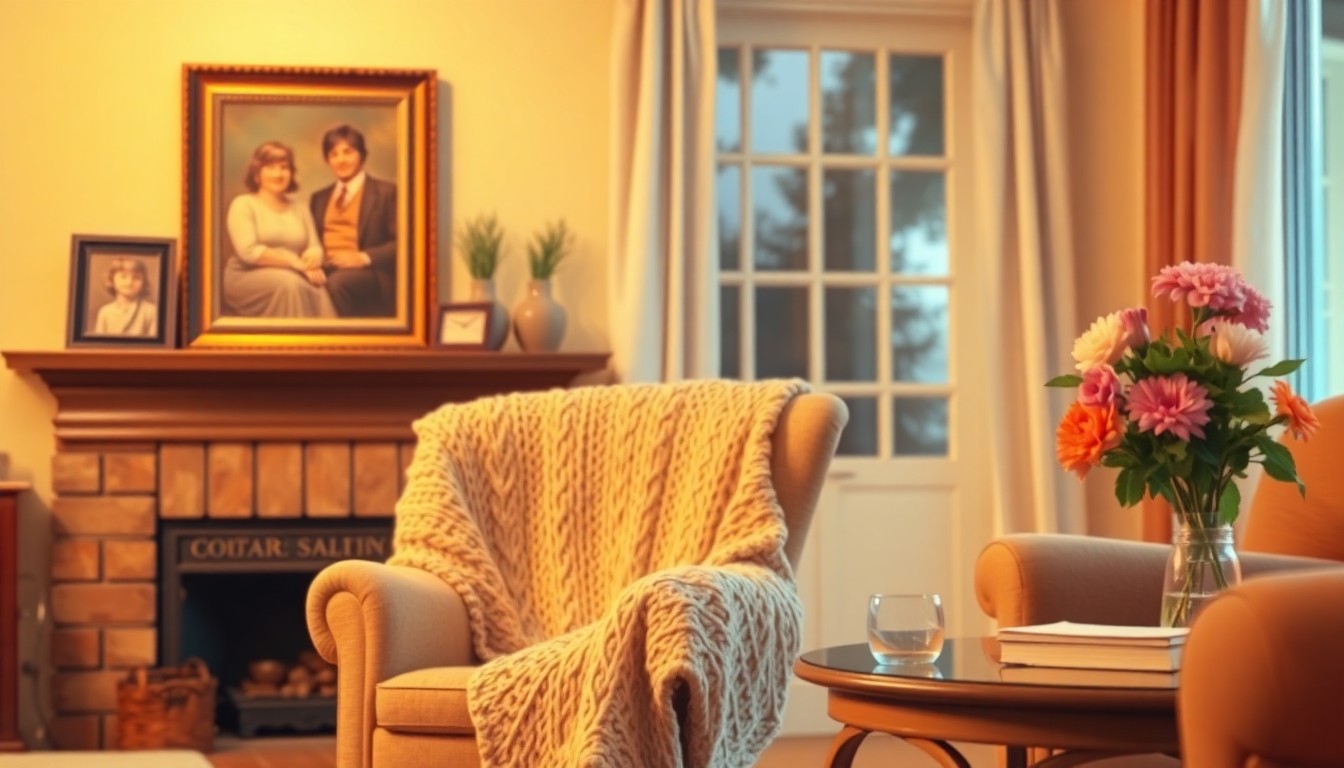 An abstract, impressionistic photograph in soft, hazy tones depicting a cozy domestic scene, conceptually representing the warmth and nostalgia of a close-knit community mourning the loss of a longtime resident.