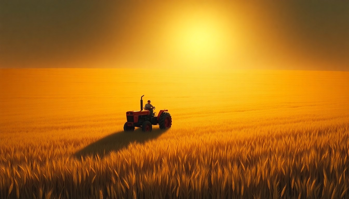 A serene, painterly scene of a lone tractor in a vast, sun-drenched wheat field, capturing the quiet nostalgia and tension between development and preservation in this growing Arizona city.