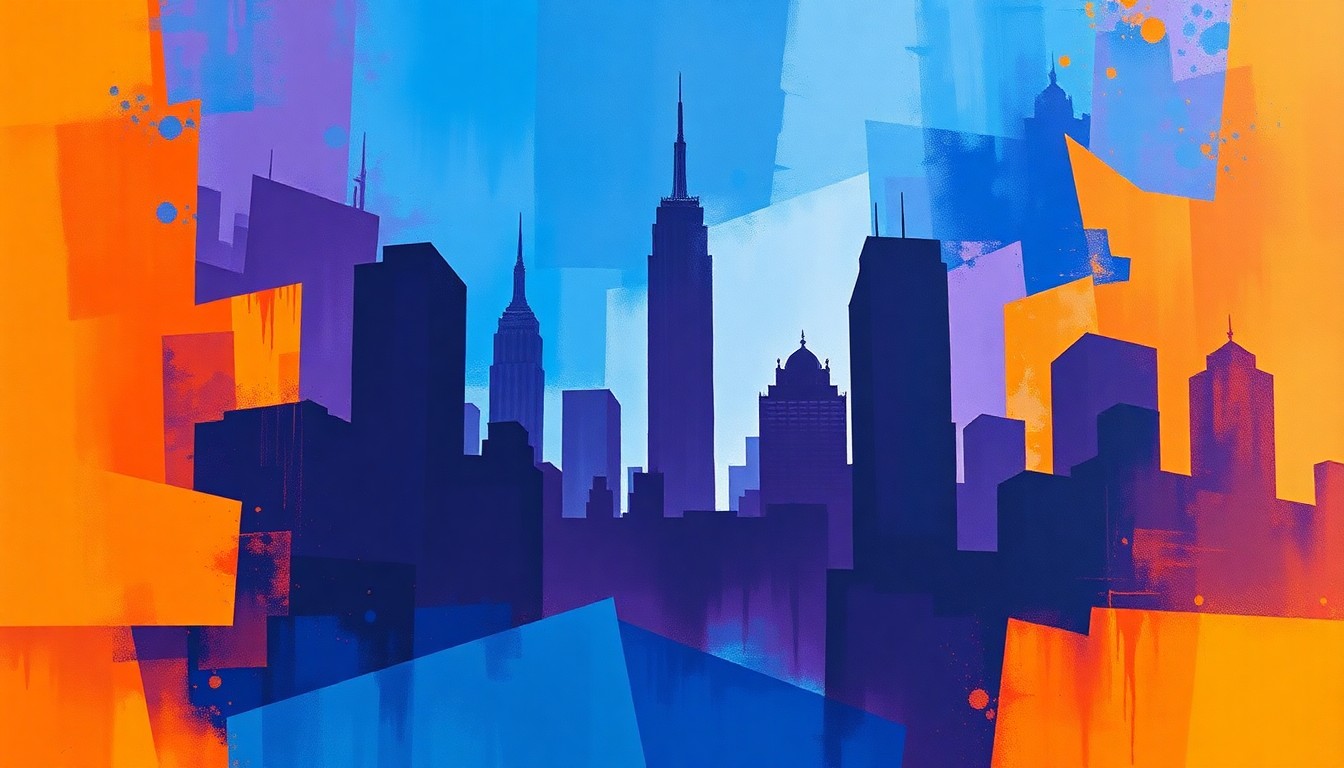 A vibrant, abstract painting featuring overlapping, geometric shapes in shades of blue, purple, and orange, conceptually representing the dynamic push to build more high-rise housing near public transportation.