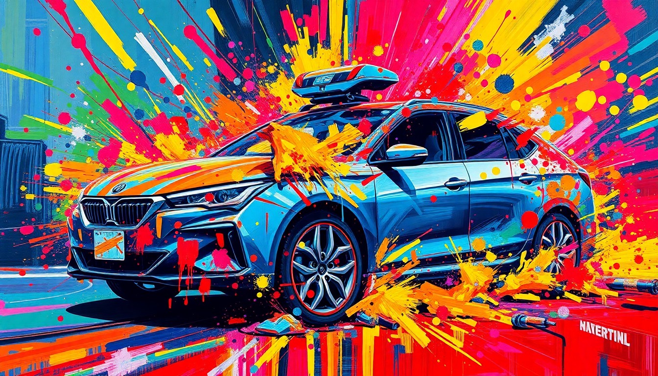 An extreme close-up of a shattered car sensor lens reflecting a faint red light, conceptually illustrating the vandalism of self-driving cars.