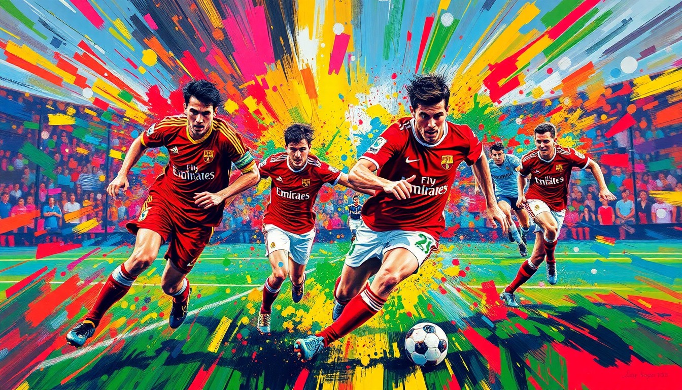 An abstract, expressionist painting featuring bold, neon-colored brushstrokes that capture the dynamic movement and raw athleticism of a soccer match, with players' forms dissolving into vibrant splashes of color.