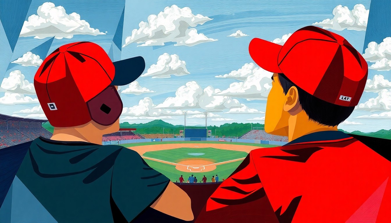 A fragmented, geometric painting depicting a high school baseball game, with sharp overlapping planes in the team colors of the competing schools.