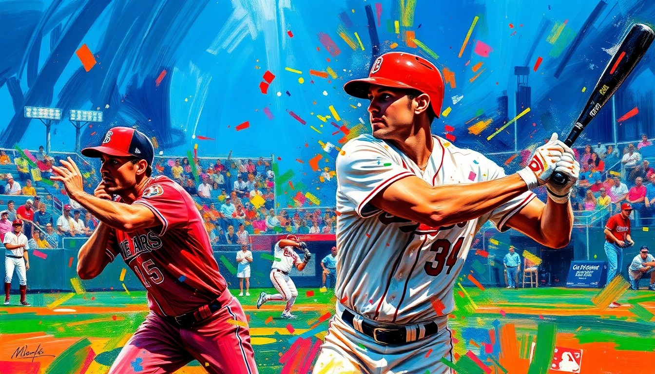 An abstract expressionist painting in neon colors, with rapid brushstrokes capturing the dynamic motion and raw athleticism of a baseball game.