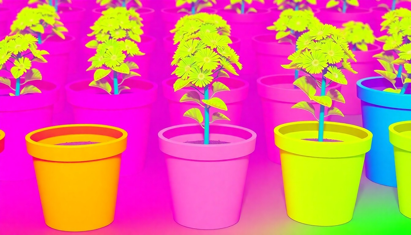 A bold, stylized illustration featuring a repeating pattern of a potted flowering plant in shades of neon pink, green, and blue, capturing the festive energy of a community gardening event.