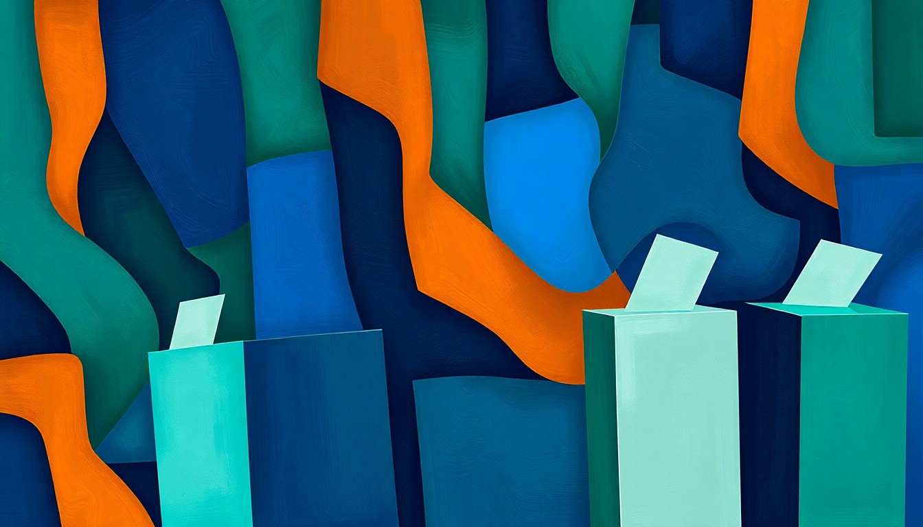 A vibrant, abstract painting featuring overlapping, geometric shapes in shades of blue, green, and orange, conceptually representing the dynamic political landscape of the NY-24 congressional race.