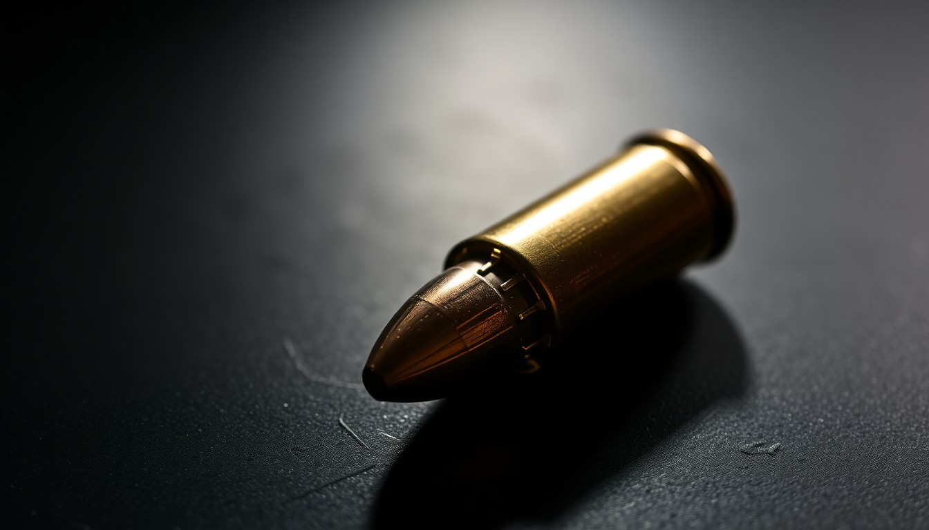 An extreme close-up photograph of a single spent bullet casing on a dark surface, lit by a harsh, direct camera flash, conceptually representing the investigation into a recent shooting incident.