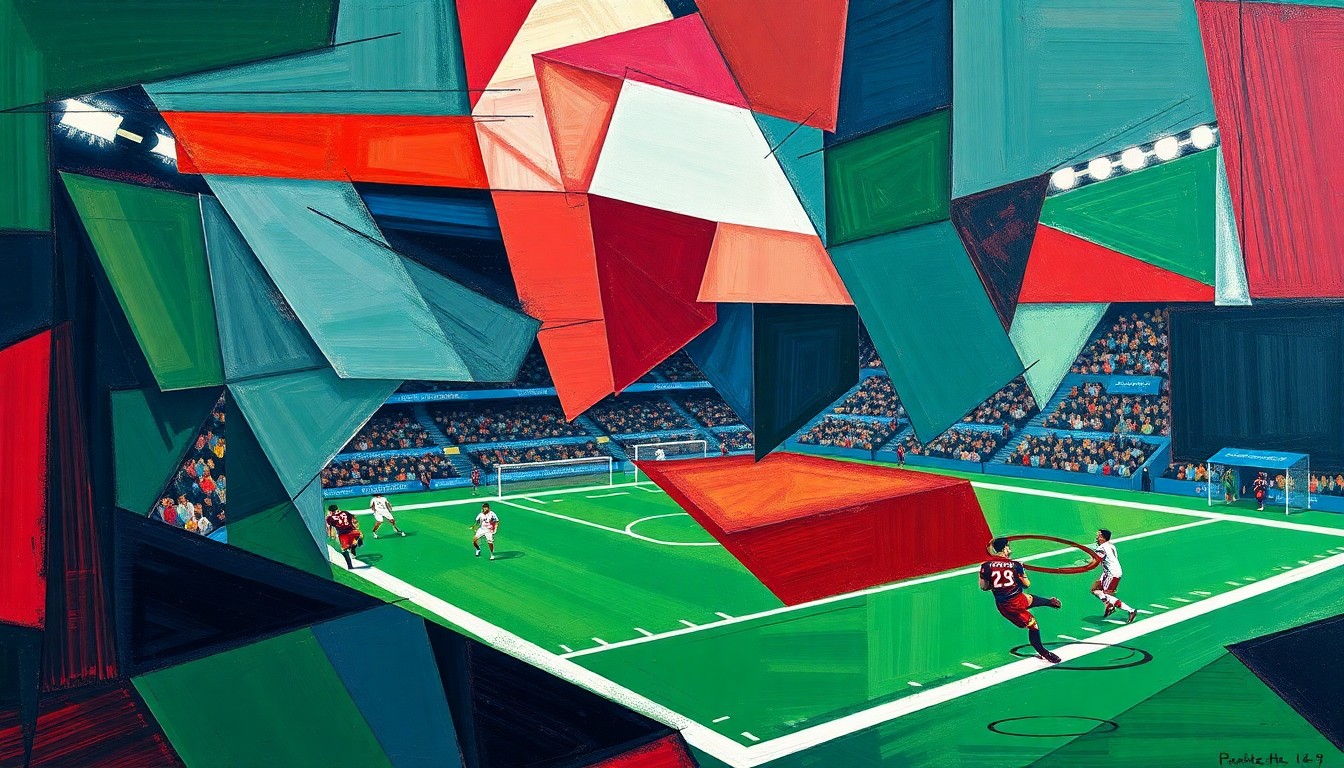 A fractured, geometric painting in bold colors depicting a football game or match, with players and the field broken down into sharp, overlapping planes, conceptually representing the complex trade negotiations between NFL teams.
