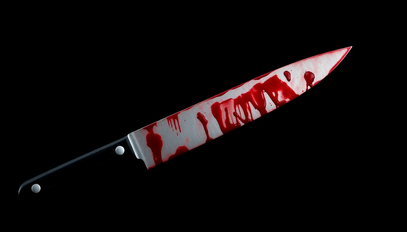 An extreme close-up of a shiny metal knife blade, partially obscured by a dark, dried stain, conveying the grim reality of a violent crime.
