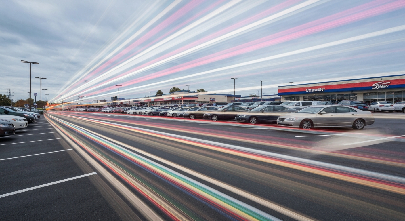 An abstract, colorful image created with a slow shutter speed and panning motion, depicting the blurred shapes and streaks of a used car dealership lot, conveying a sense of speed, movement, and the turbulent state of the automotive market.
