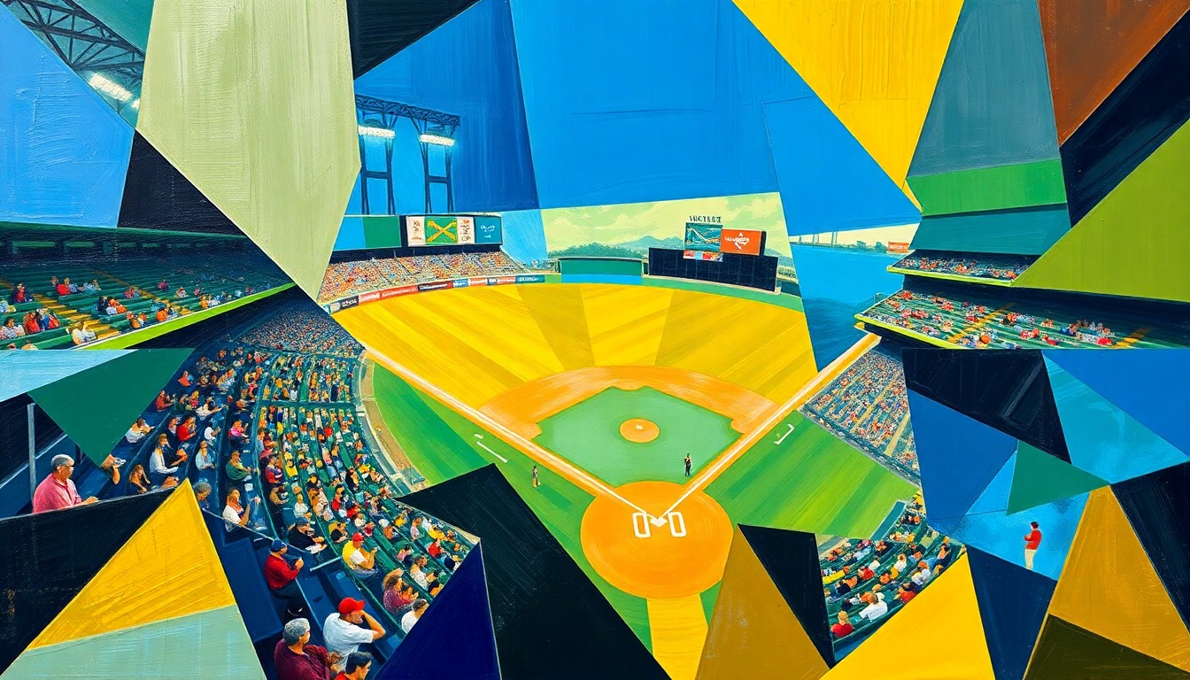 A fractured, multi-perspective painting in bold, overlapping geometric shapes and planes of blue, green, and gold, conceptually representing the intensity and drama of a college baseball game.