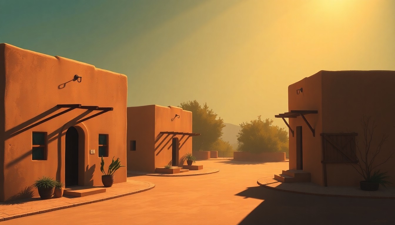 A serene, cinematic painting depicting the four historic casitas in Santa Fe, their weathered adobe walls and tiled roofs bathed in warm, golden light and deep shadows, conveying a sense of nostalgia and the passing of time.