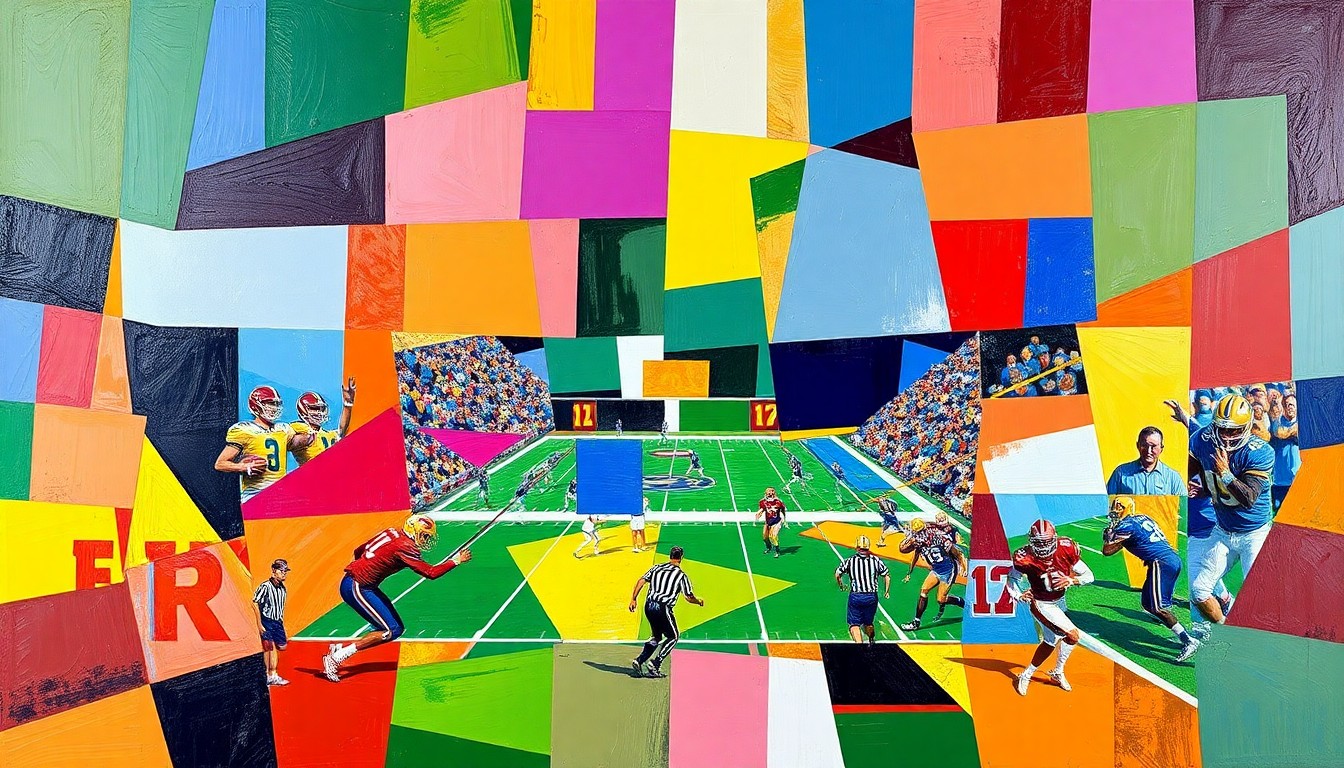 A cubist, geometric painting featuring overlapping planes of Mizzou's gold and black team colors, capturing the energy and anticipation of the upcoming college football season.