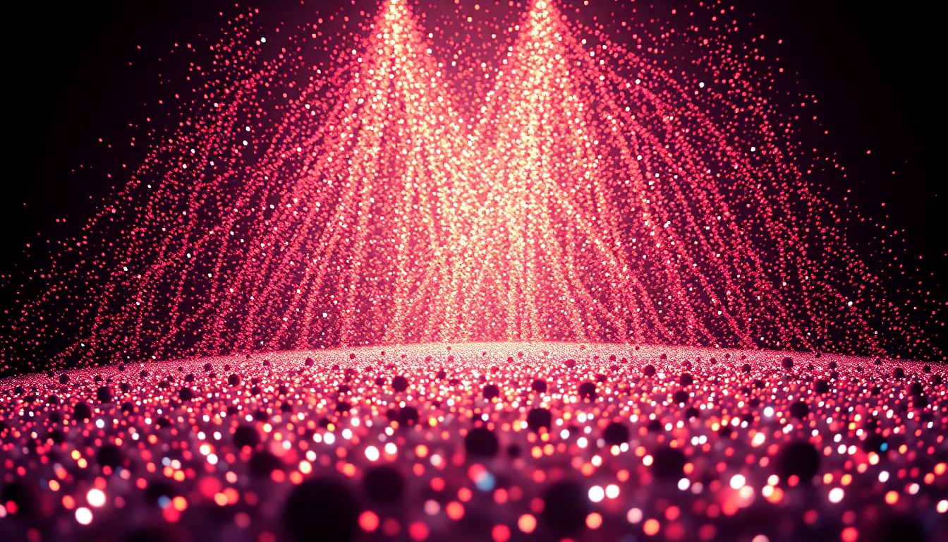 An extreme close-up photograph of shimmering, glittering sequins in dramatic, high-contrast studio lighting, conceptually representing the glamour and spectacle of a major concert tour.