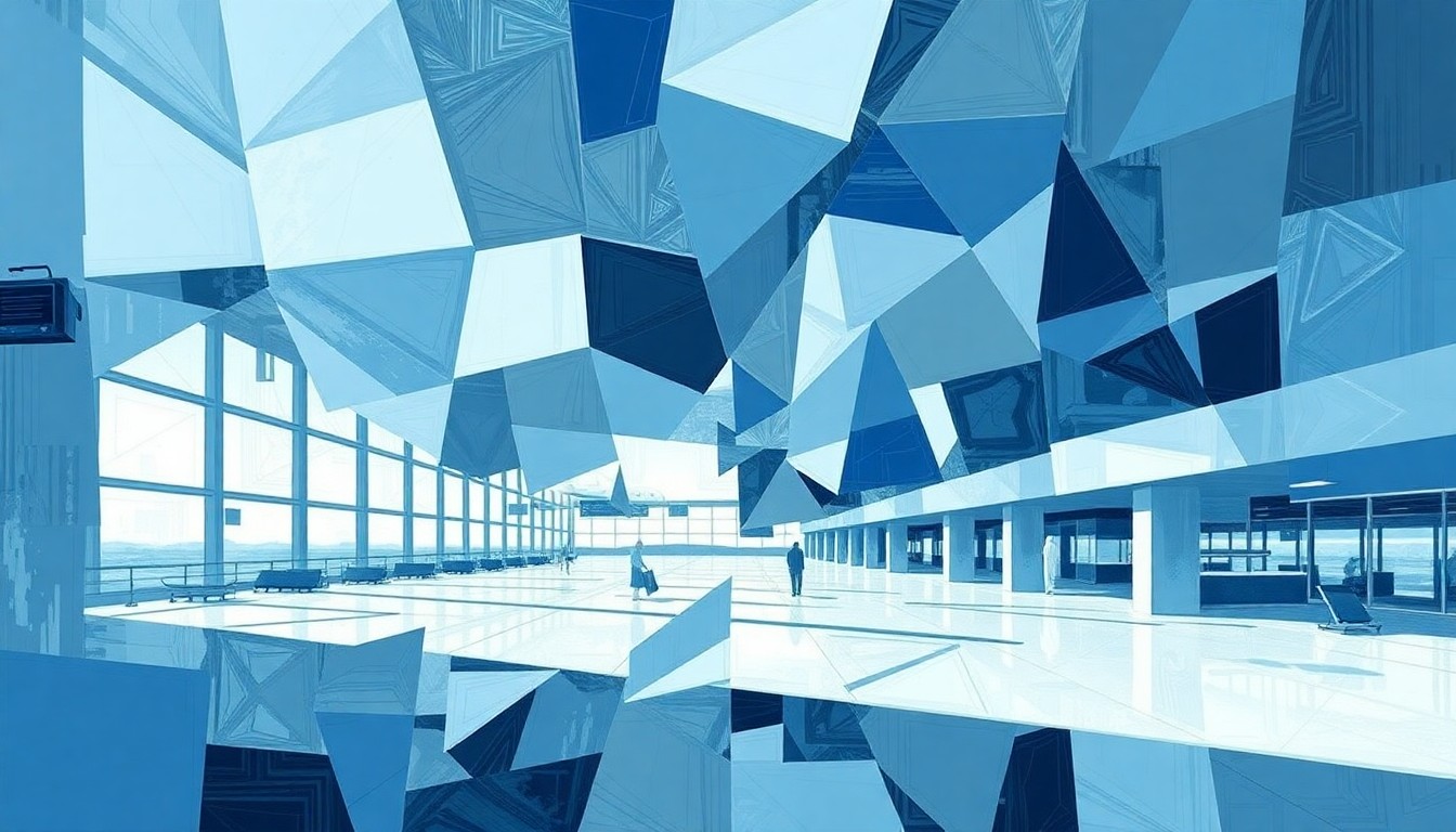 A dynamic, abstract painting with overlapping geometric shapes and lines in shades of blue, grey, and white, conceptually representing the disruption and chaos that could result from removing customs agents from sanctuary city airports.