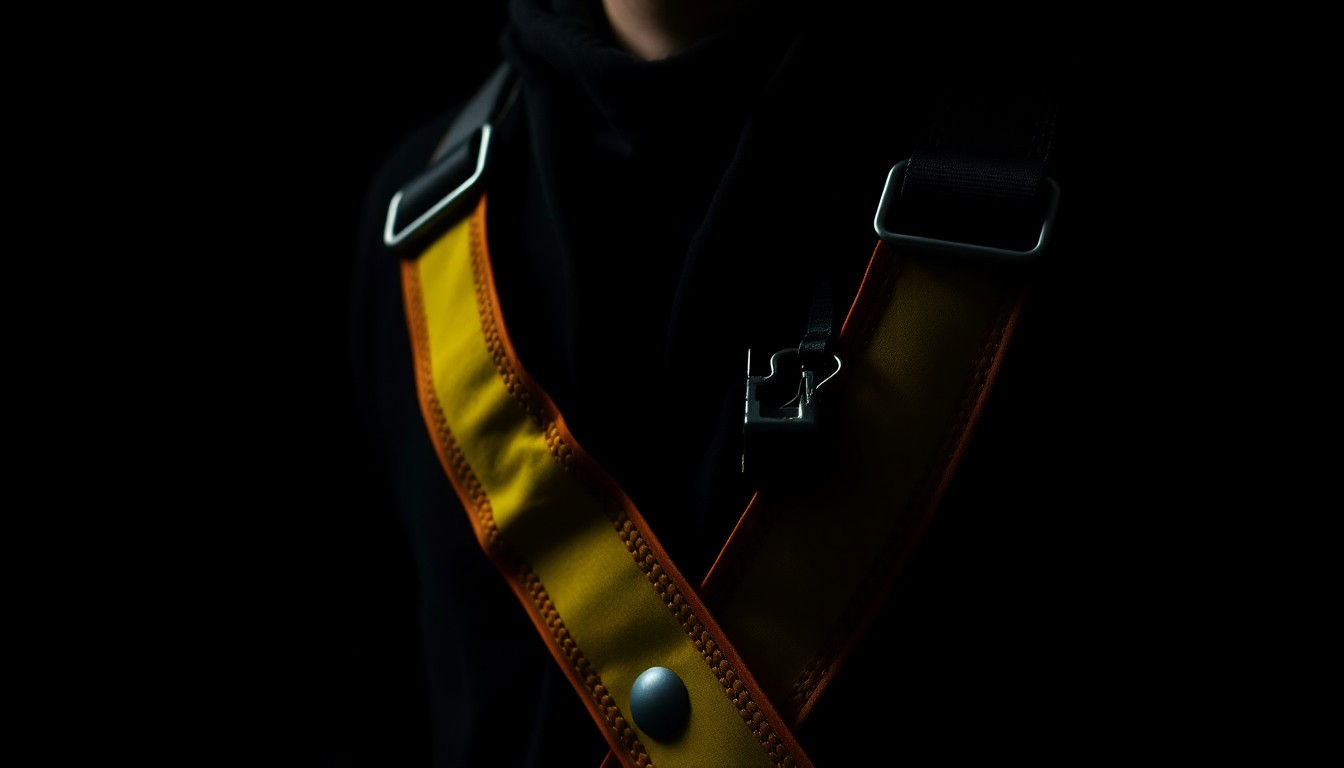 An extreme close-up of a partially damaged construction worker's safety harness, starkly lit by a harsh flash against a black background, conceptually illustrating the tragic circumstances of a fatal fall.