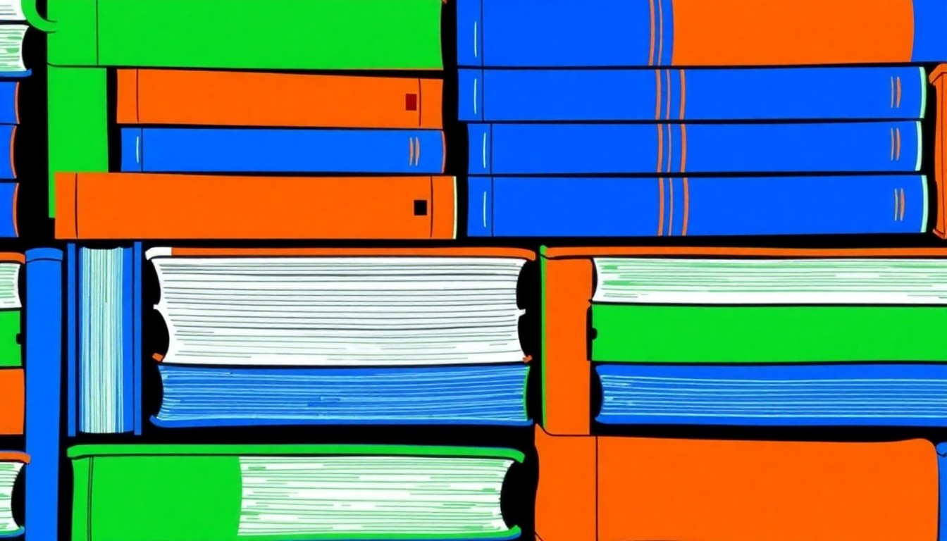 A bold, colorful silkscreen-style illustration of a stack of textbooks repeated in a grid, conceptually representing the budget challenges facing the Eugene 4J school district.