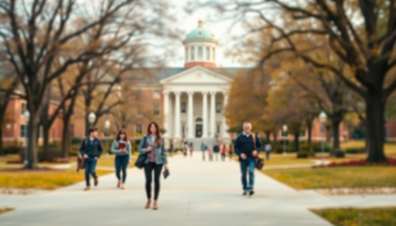 A softly blurred, impressionistic photograph in warm, earthy tones showing students and faculty walking through the campus of Southwestern Baptist Theological Seminary, with the iconic seminary building visible in the background, conveying a sense of renewed stability and community at the institution.