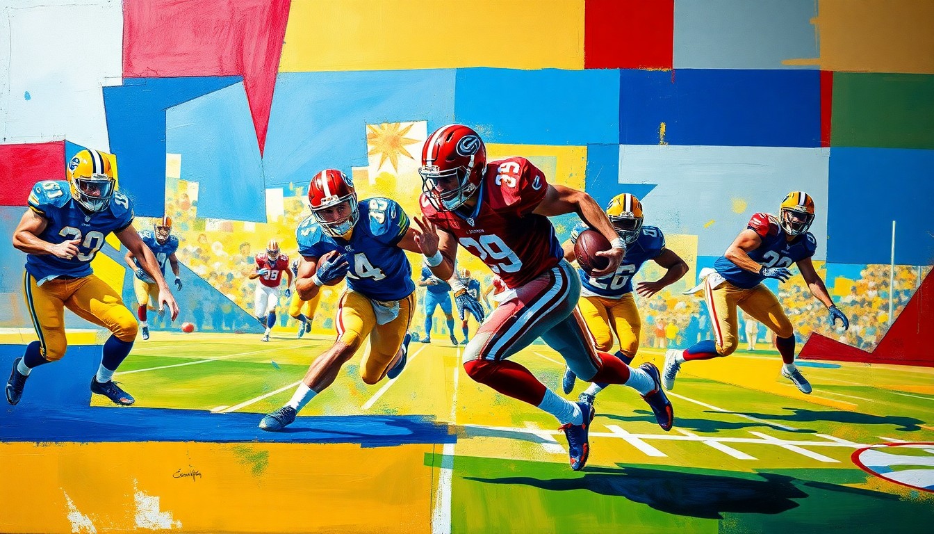 A fragmented, multi-angled painting in bold primary colors depicting the movement and action of a football player running with the ball, conveying the power and skill of a top recruit.