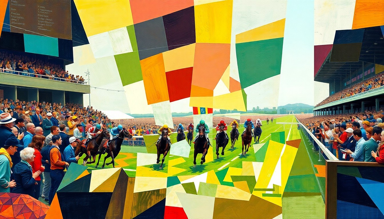 A fractured, multi-perspective painting depicting a horse race, with jockeys and spectators broken down into sharp, overlapping geometric shapes and planes in vibrant colors, conveying the dynamic energy of the event.