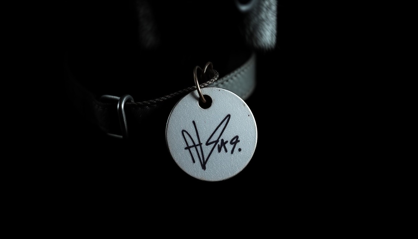 An extreme close-up photograph of a worn dog collar and tag against a pitch-black background, lit by a harsh, direct camera flash, conceptually illustrating the neglect and mistreatment of rescue animals.
