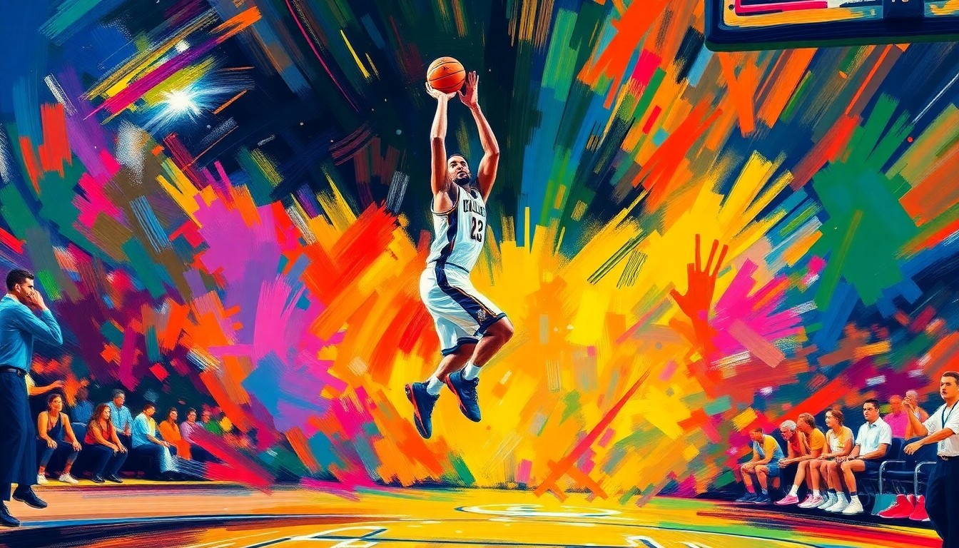 An abstract, expressionist painting in neon colors depicting the dynamic motion and energy of a basketball player in mid-jump shot, their form dissolving into a blur of vibrant brushstrokes.