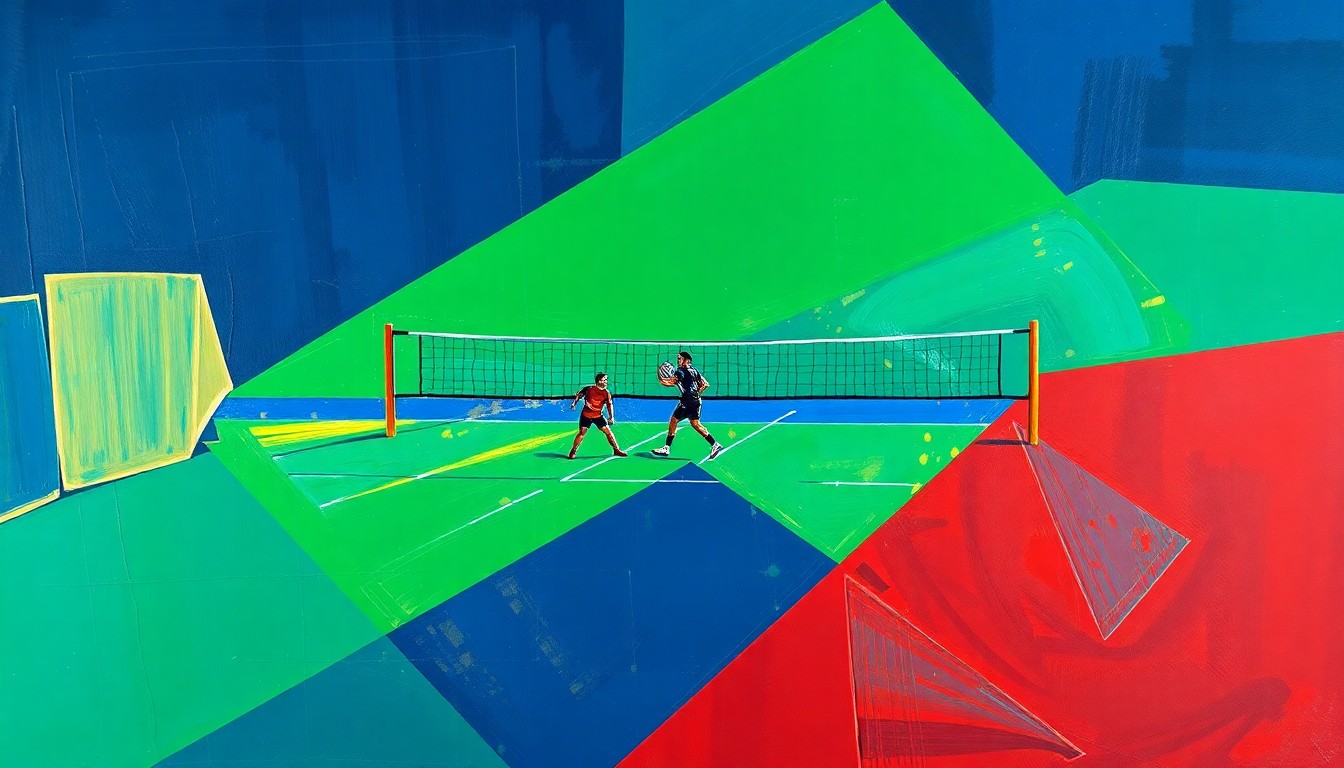 A cubist, geometric painting depicting a volleyball match, with players and the ball broken down into overlapping, angular shapes in a bold color palette, conveying the dynamic energy and competitive spirit of the game.