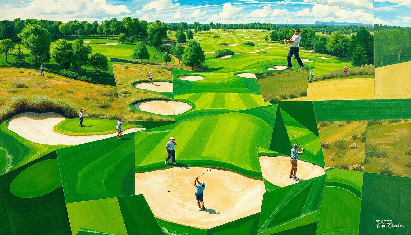 A cubist-style painting featuring fragmented, geometric shapes in shades of green, brown, and white, representing the elements of a college golf tournament such as fairways, sand traps, and players swinging their clubs.