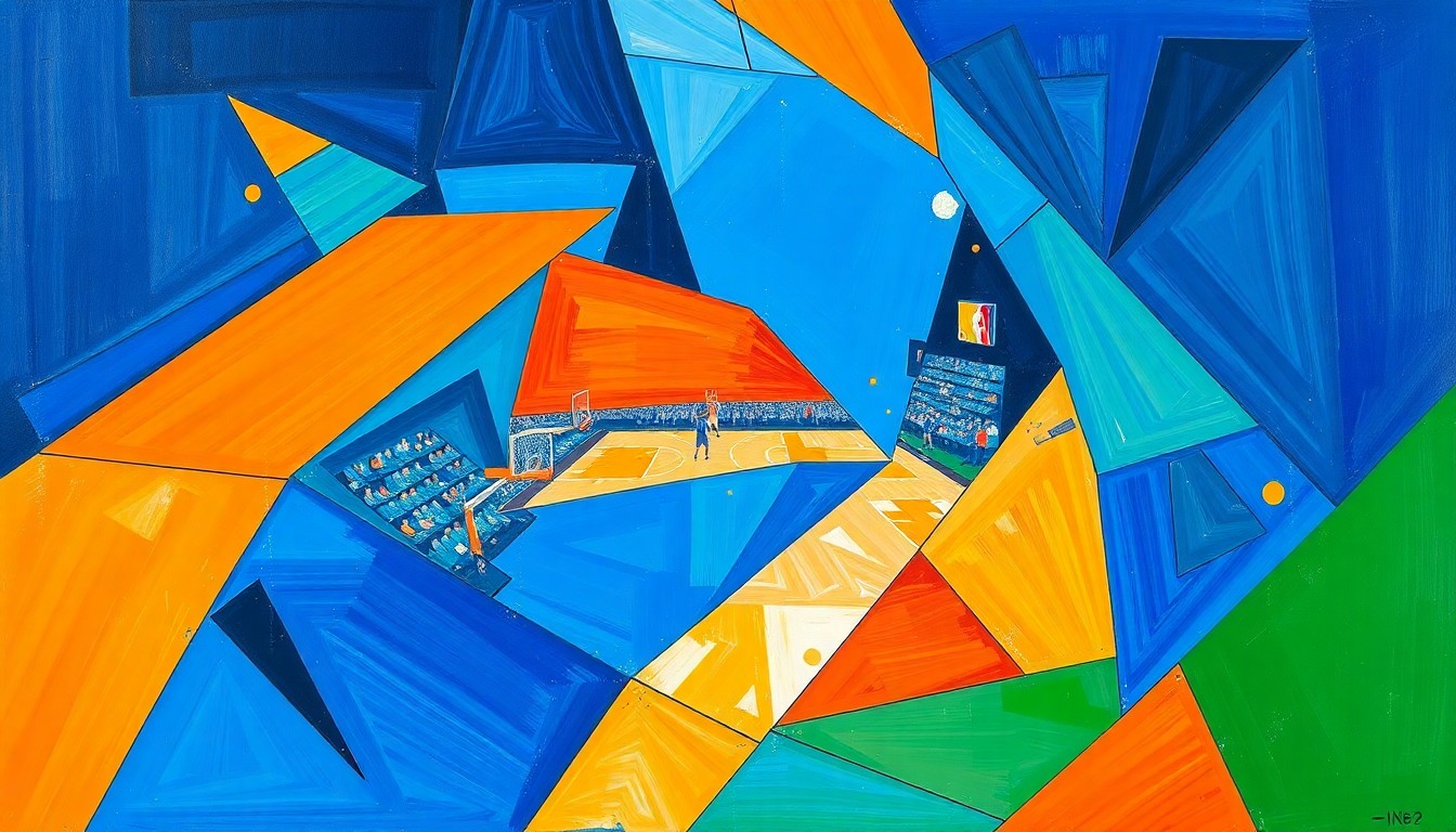 A fragmented, cubist-style painting depicting the dynamic movements and energy of a WNBA basketball game, with sharp geometric shapes and planes in a vibrant color palette conveying the competitive spirit of the sport.