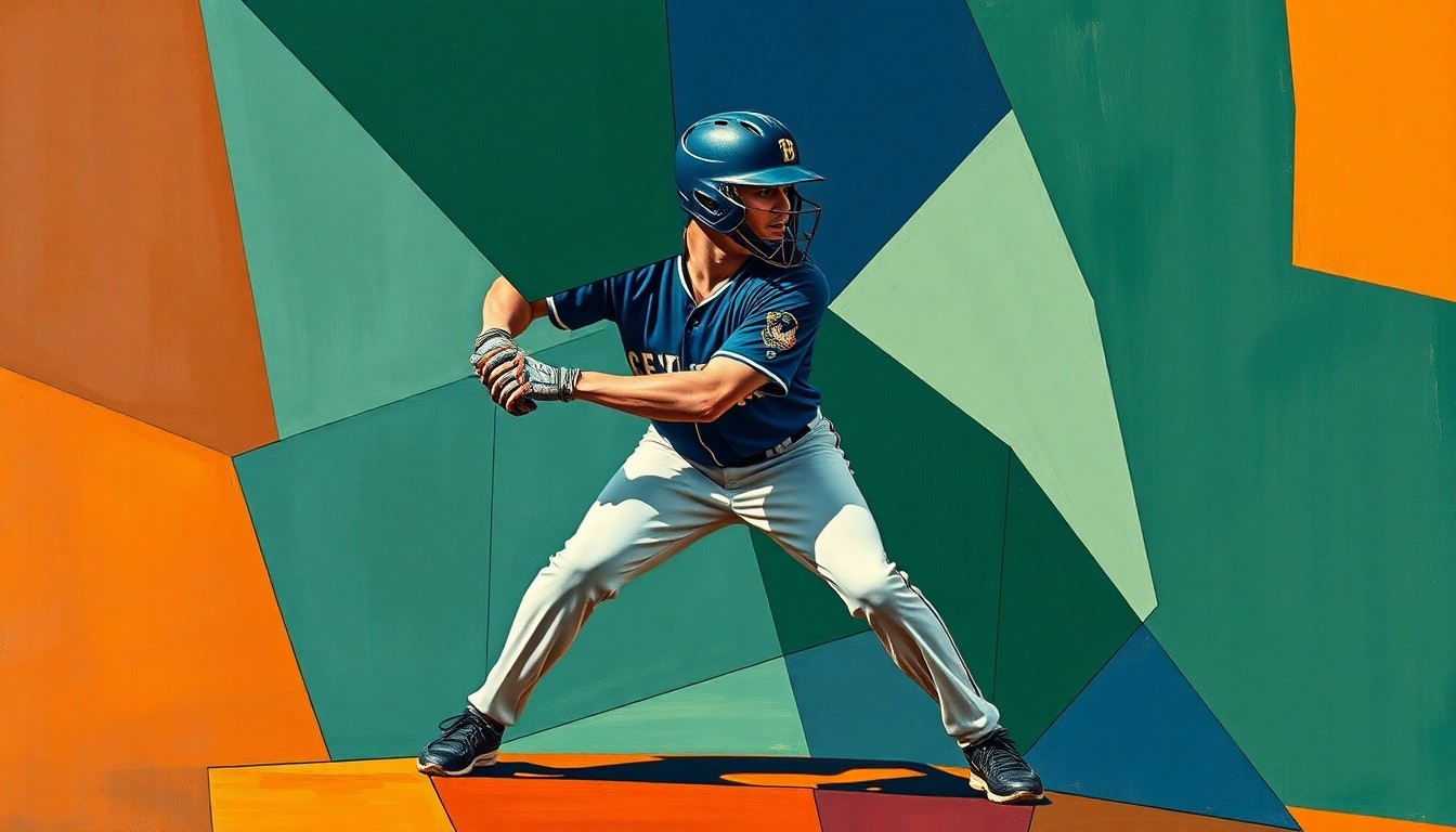 A fractured, geometric painting depicting a baseball catcher in mid-crouch, with his body broken down into sharp, overlapping planes of navy, green, and orange, conveying the dynamic physicality of the position.