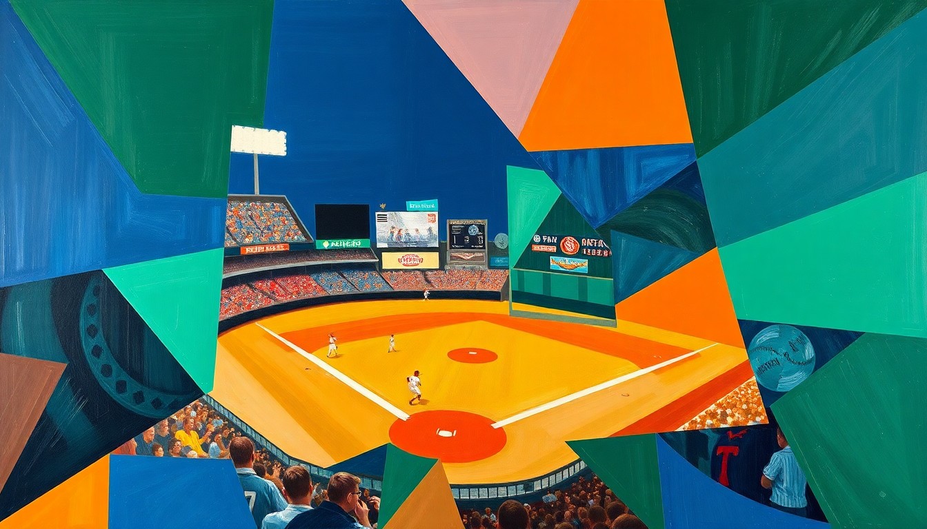 A cubist-style painting featuring sharp, overlapping geometric shapes in navy blue, orange, and emerald green, conceptually representing the fragmented nature of the Detroit Tigers' early-season performance.