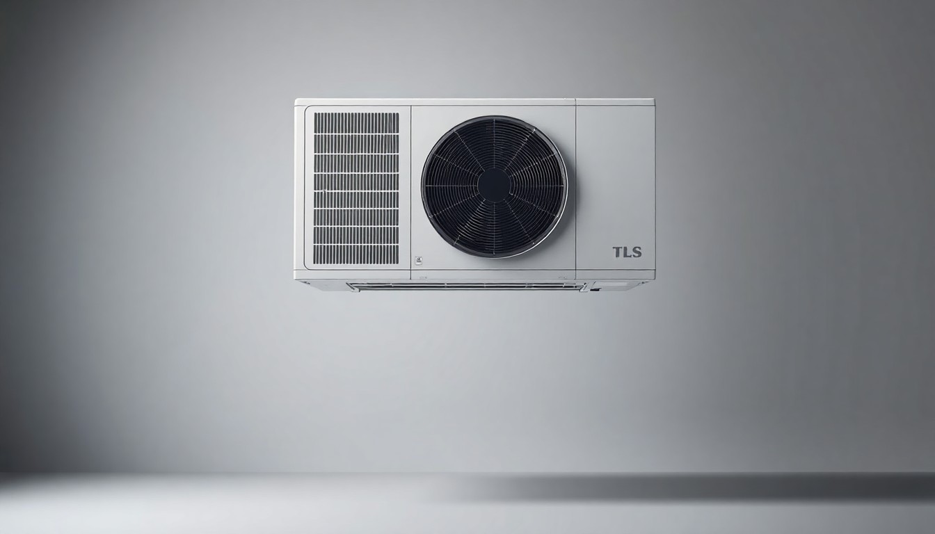 A high-end, photorealistic studio still-life photograph featuring a sleek, modern ductless mini split air conditioning unit made of polished aluminum and glass, floating on a clean, monochromatic seamless background with dramatic studio lighting and deep shadows.