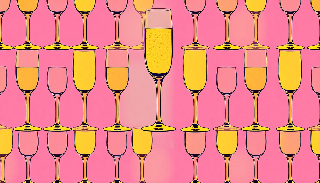 A highly stylized, abstract image composed of repeating silkscreen-like patterns of a champagne flute in bright, neon colors, conceptually representing the celebratory energy of a community event.