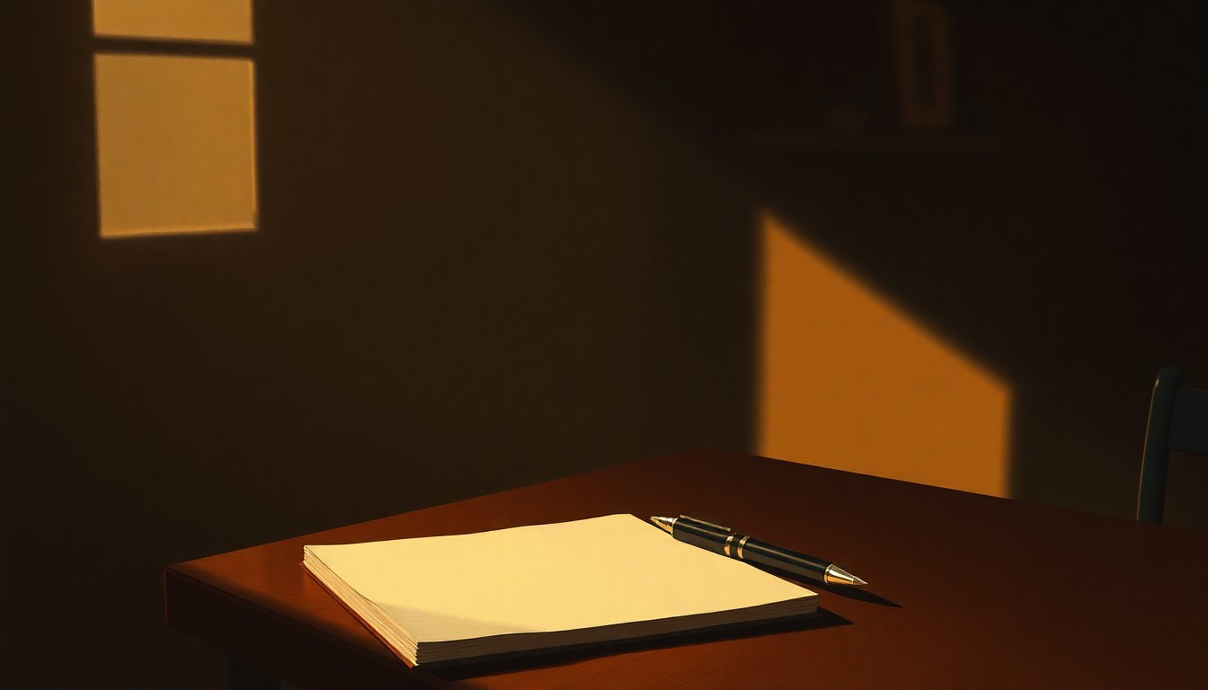 A serene, cinematic painting depicting a journalist's notebook and pen on a table, with warm sunlight and deep shadows creating a contemplative mood.