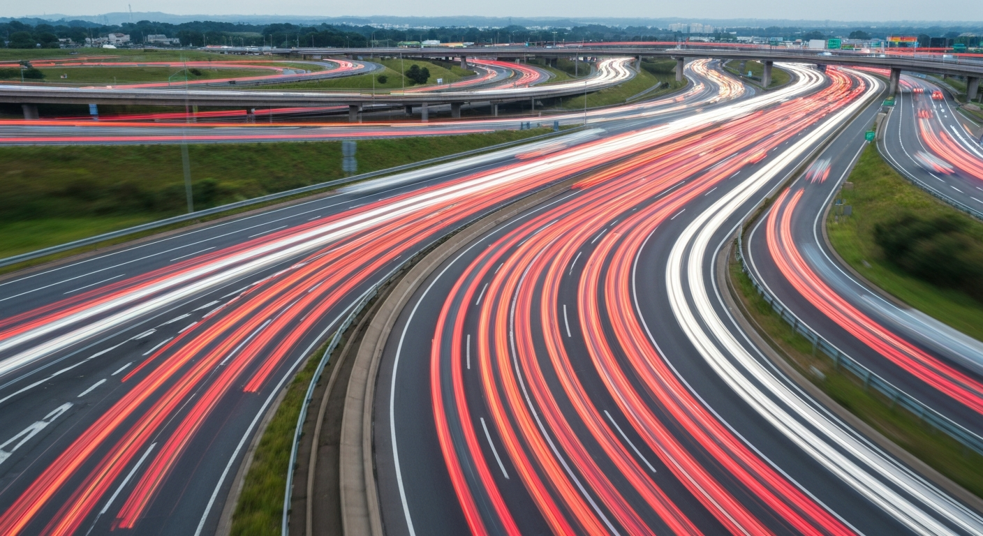 An abstract, blurred image of a busy highway interchange, with streaks of color and motion conveying the chaos and disruption of the planned overpass demolition.