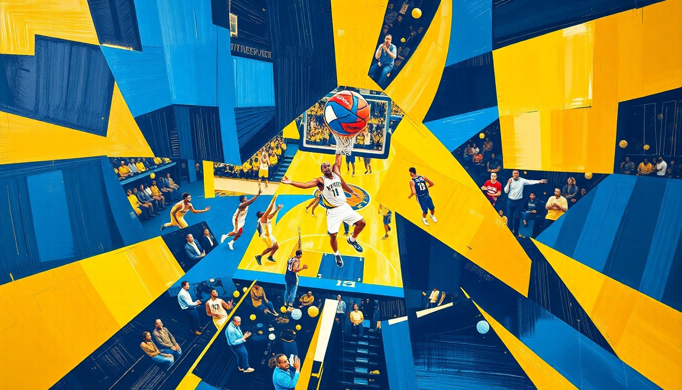 A fractured, cubist-style painting depicting a Denver Nuggets basketball game, with sharp geometric shapes and planes in the team's colors of navy blue, gold, and white, capturing the raw energy and motion of the sport.