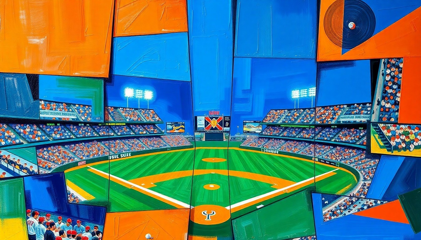 A fragmented, geometric painting in bold colors depicting the motion and energy of a baseball game, representing the legacy of Dodgers player Davey Lopes.