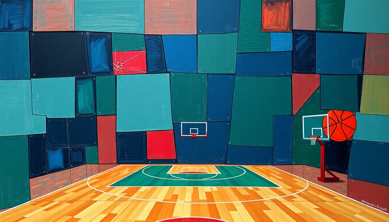 A cubist-style painting featuring sharp, overlapping geometric shapes in navy, green, and red, representing the fragmented relationship between Anthony Davis and the New Orleans Pelicans organization.
