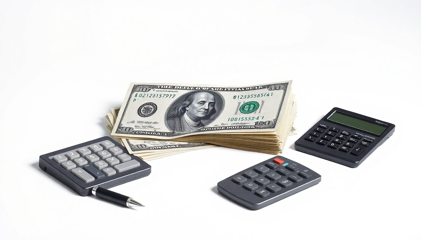 A high-end, photorealistic studio still-life featuring a stack of crisp dollar bills, a pen, and a calculator on a clean, monochromatic background, conceptually representing the financial aspects of the Stitch Fix CFO's stock sale.