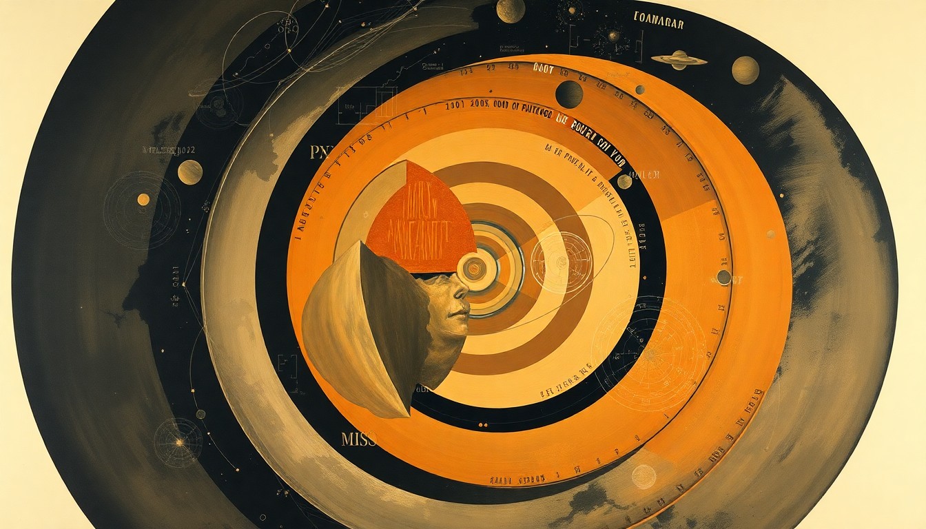 A bold, abstract painting featuring sweeping geometric arcs, concentric circles, and precise spirals in earthy tones, conceptually representing the complex forces and concepts behind the Artemis II moon mission.