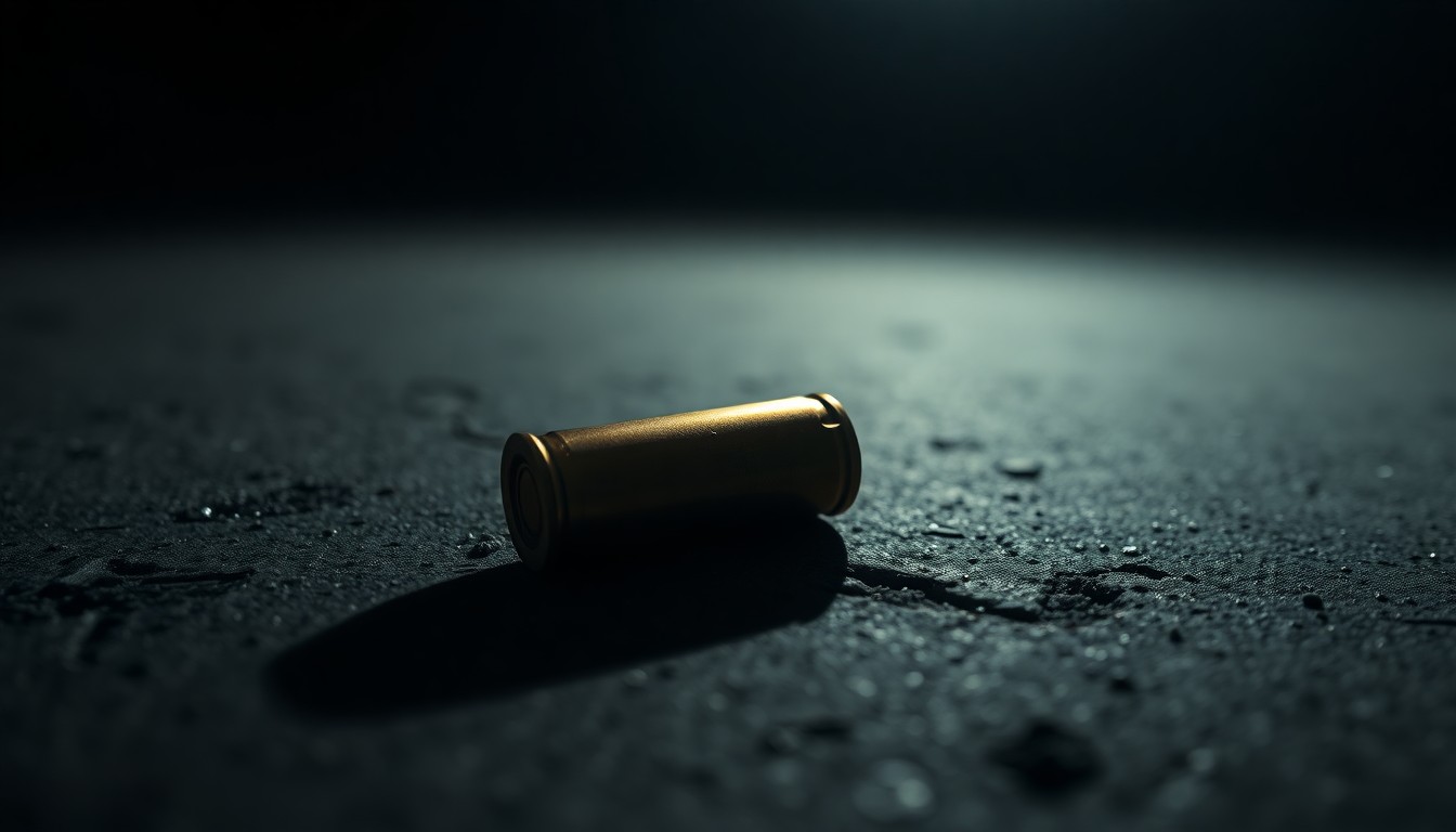 An extreme close-up of a single spent shell casing on a dark concrete surface, conceptually representing the evidence left behind from a violent incident.