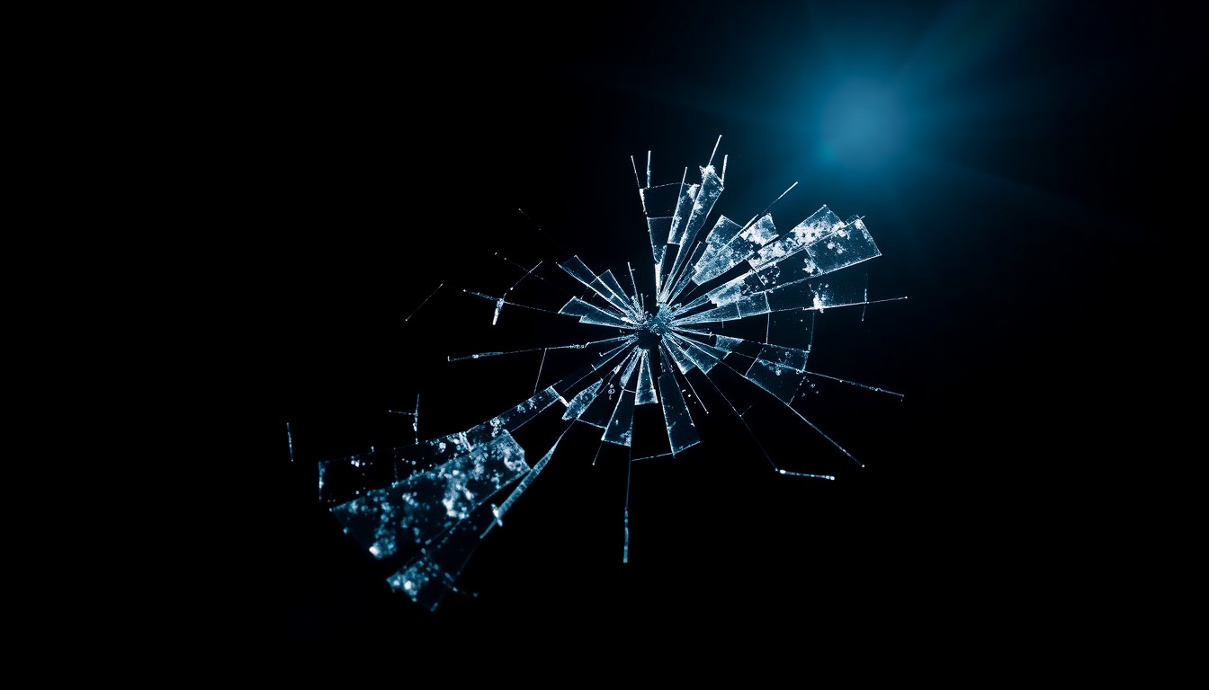 An extreme close-up photograph of a shattered car windshield, the cracks and fractures in the glass conceptually representing the tragic consequences of a fatal vehicle collision.