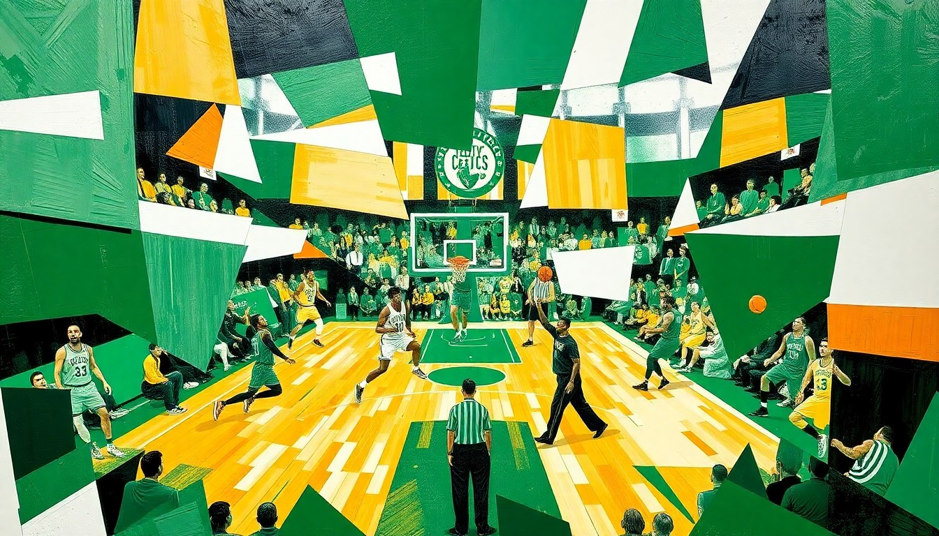 A fractured, geometric painting depicting the action of a basketball game, with sharp planes of color representing the players and the court. The vibrant greens, whites, and golds of the Celtics' uniforms are prominent, conveying the energy and intensity of the team's championship pursuit.