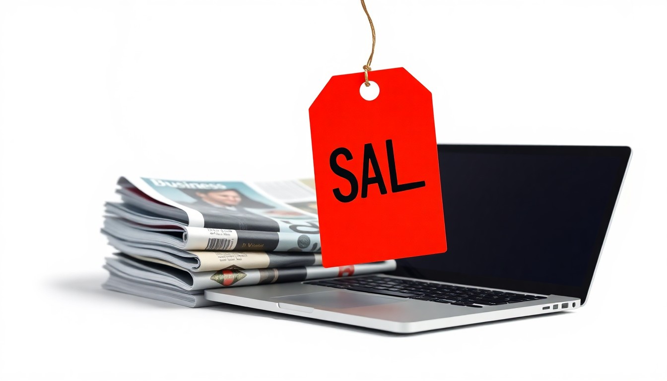 A high-end, photorealistic studio still-life featuring a stack of glossy business magazines, a sleek laptop, and a stylized retail price tag, conceptually representing the convergence of retail, media, and technology.